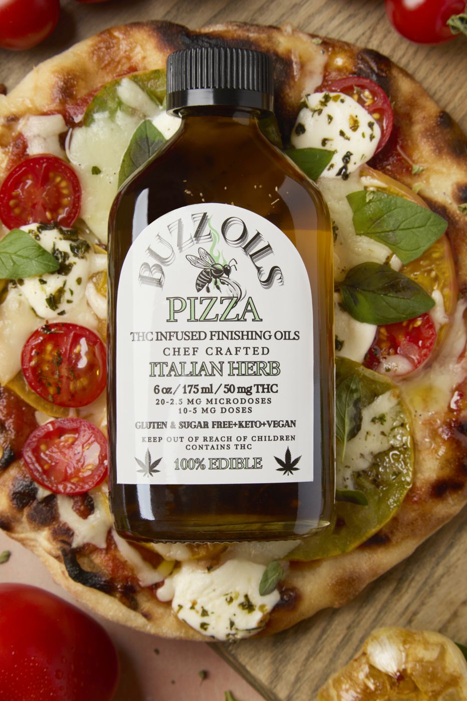 A bottle of Buzz Oils Pizza on a margherita