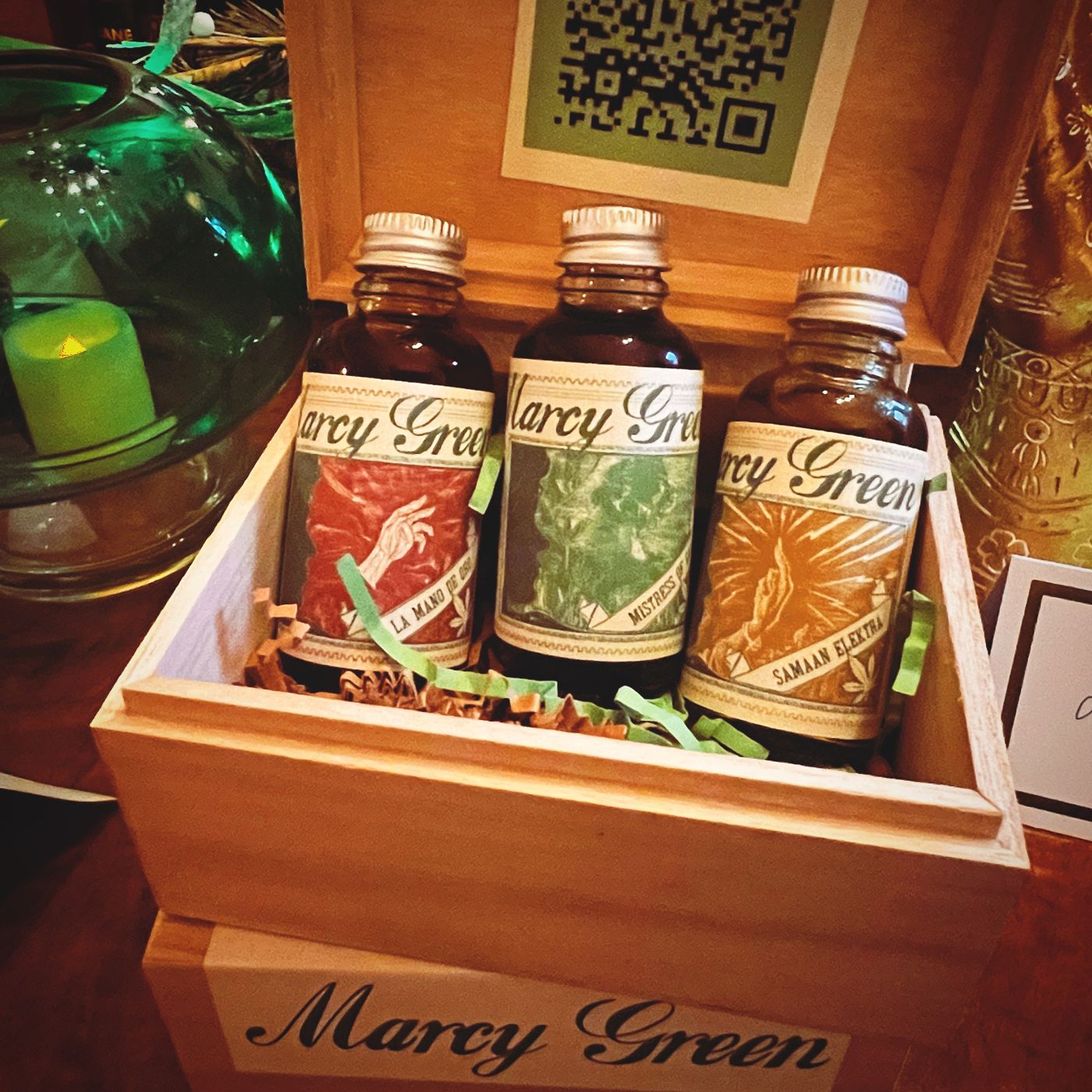 The three oils in a Marcy Green wooden gift box
