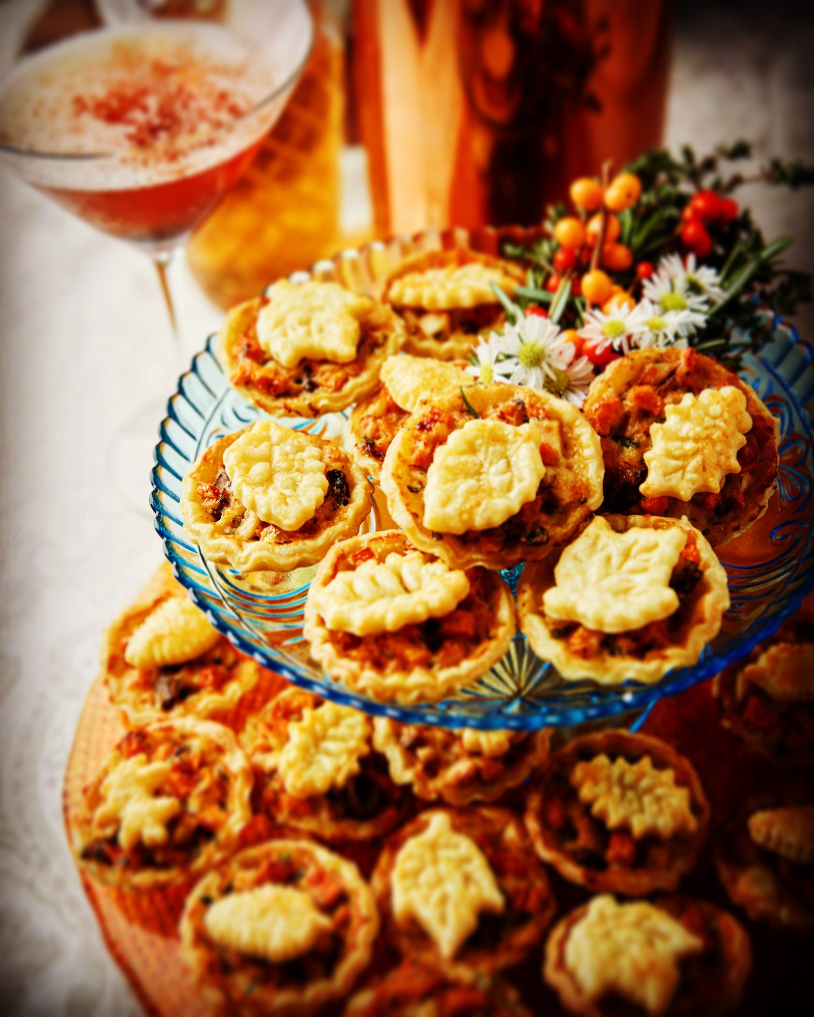 Hand pies on a glass stand